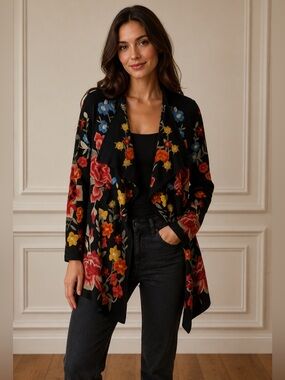 Johnny Was Biya Black Floral Teagan Draped Cardigan with Multi-Colour Blooms